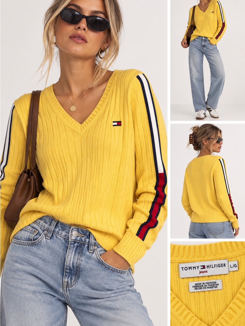 NWT Tommy Hilfiger Yellow V-Neck Ribbed Sweater with Striped Sleeve 💯 Cotton